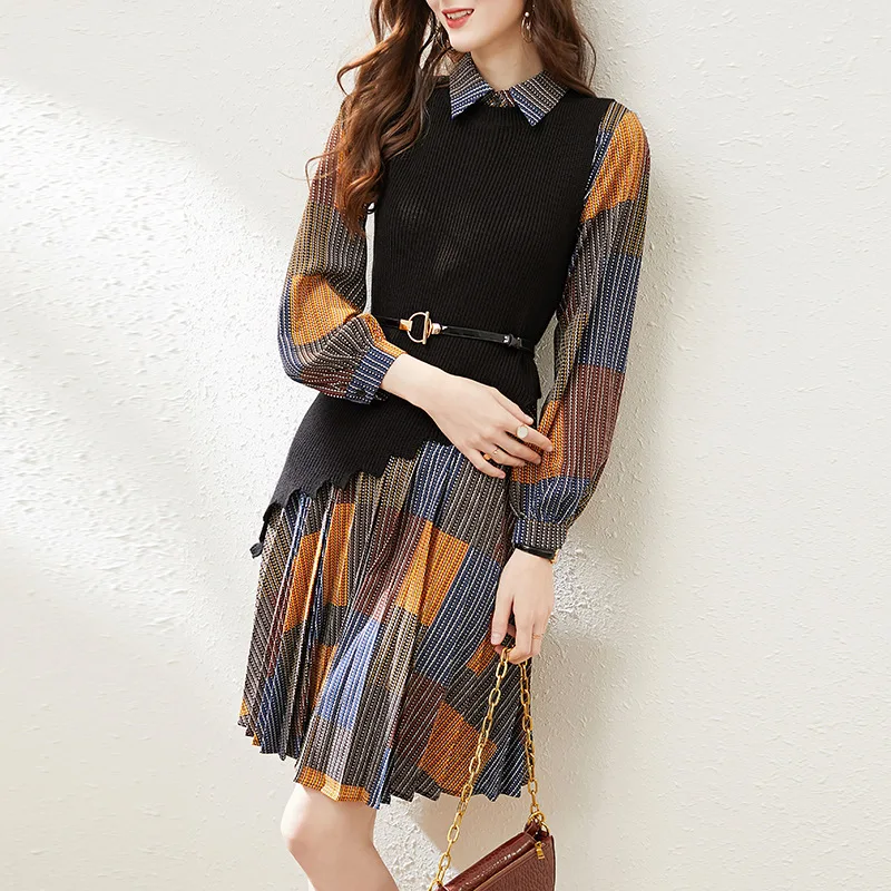 

2020 Spring New Fashion Irregular Knitting Vest Belt Tops And Matching Long Sleeves Chiffon Printed Dress 2 Piece Set Women Suit