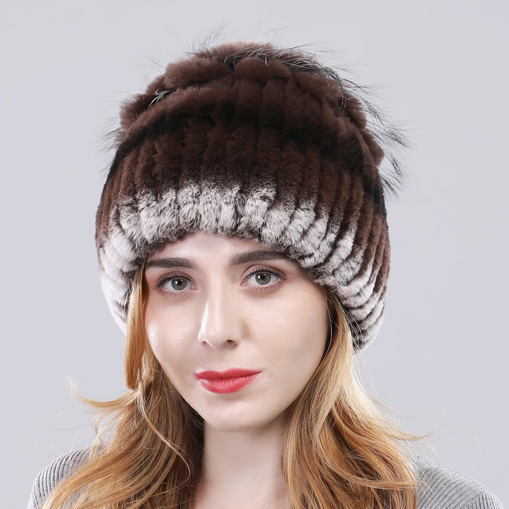 Настоящие Женские шапки из меха кролика рекс Леди ручной вязки в полоску шапка с