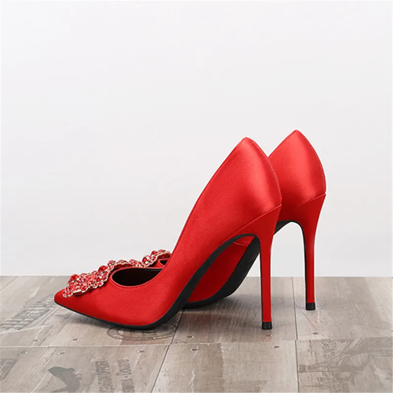 

Spring new satin belt with square buckles and rhinestones single shoes pointed stiletto heels shallow shoes dress shoes