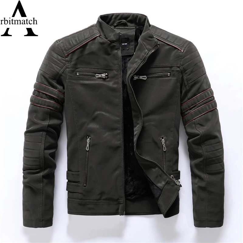 

Arbitmatch Motorcycle Men's Leather Jacket Winter Fleece Men's Coat Vintage Biker Racer PU Leather Male Zipper Outwear Jackets