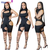 haoohu sexy hollow out bodycon playsuit sleeveless short rompers for women summer vacation clothes one piece night club outfits
