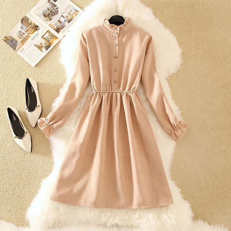 Винтажные вельветовые вечерние платья 2019 Повседневное платье миди на пуговицах