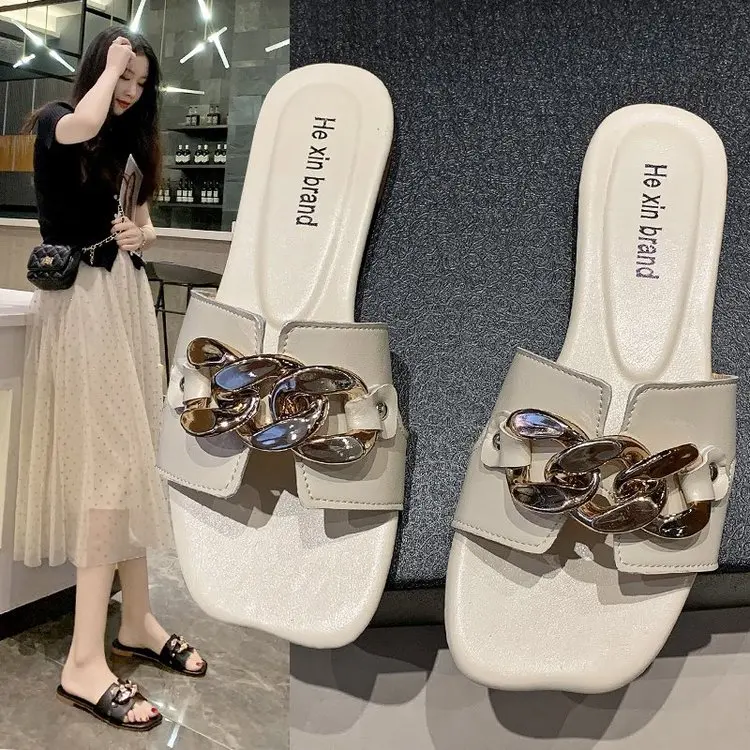 

Rivet Flat Shoes Female Slippers Soft Slides Fashion Slipers Women Square Toe Comfort Luxury 2021 Rubber Chain Basic PU Shoes Wo