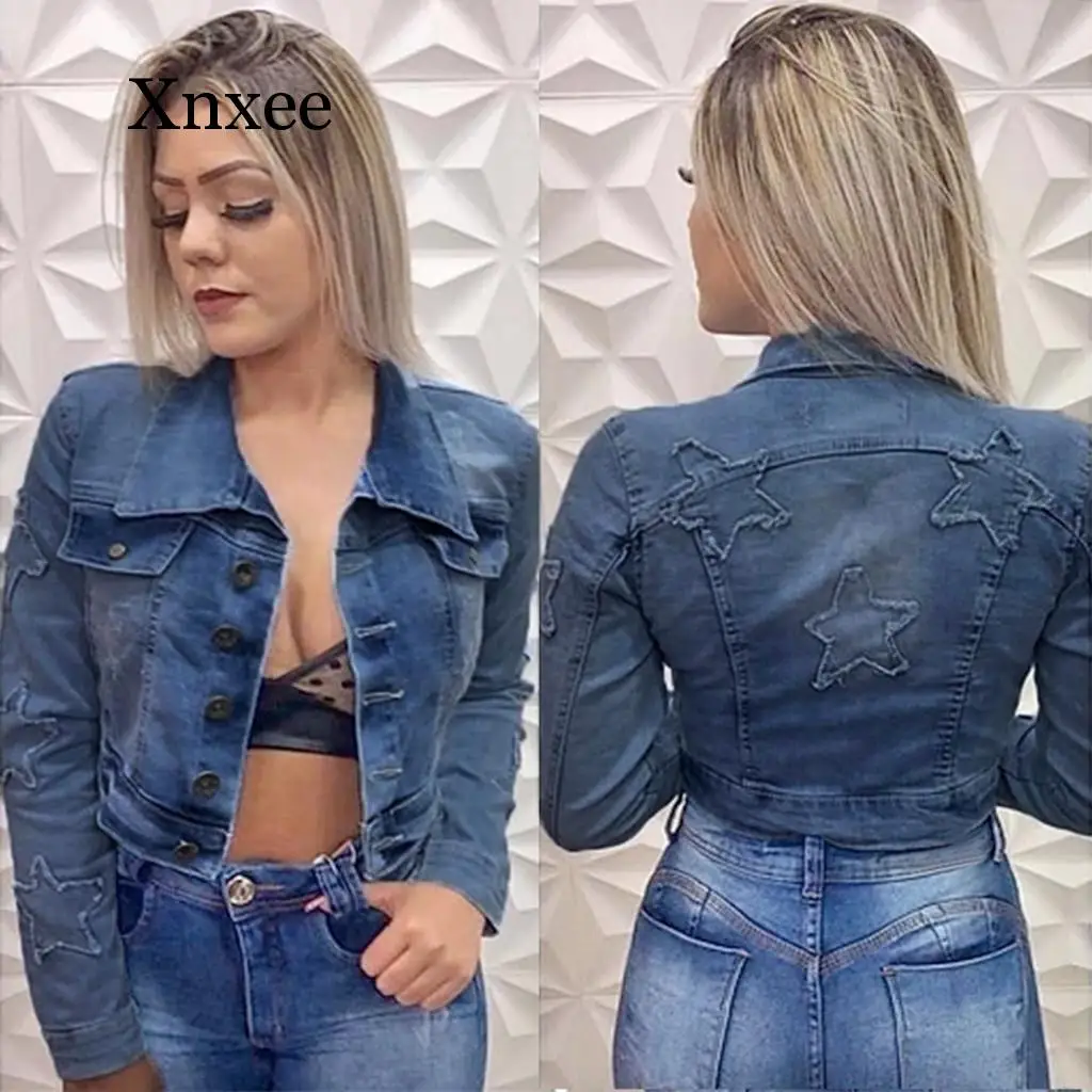 Женская джинсовая куртка короткая с длинным рукавом осенне-зимняя | одежда