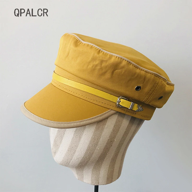 

QPALCR 2020 осенние военные шапки, японские модные шапки для женщин, шляпа с контрастным полосатым ремнем, плоская верхняя Кепка, Кепка для путеш...