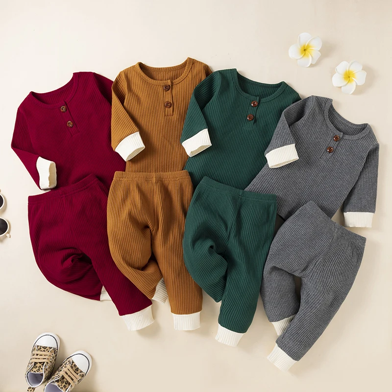 Infant Baby Knitted Ribbed Clothes 2-Piece Long Sleeve Pullover+ Trousers Solid Winter Autumn Clothing Set Outfit