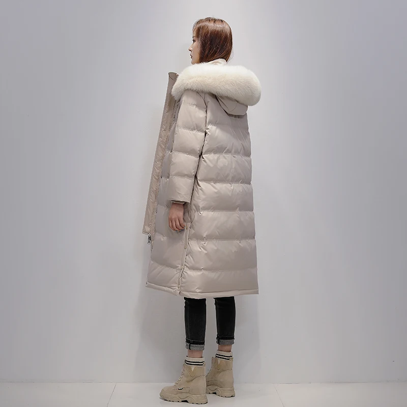 

JCHB 2021 Off season sale down jacket women fashion new big real fur collar thick and warm long outerwear gray belt solid hoode