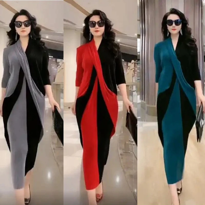 

Fashion Ladies Dress New 2020 Autumn V-neck Color Matching Elegant Temperament Long Women's Dress Vestidos party Costume K1129