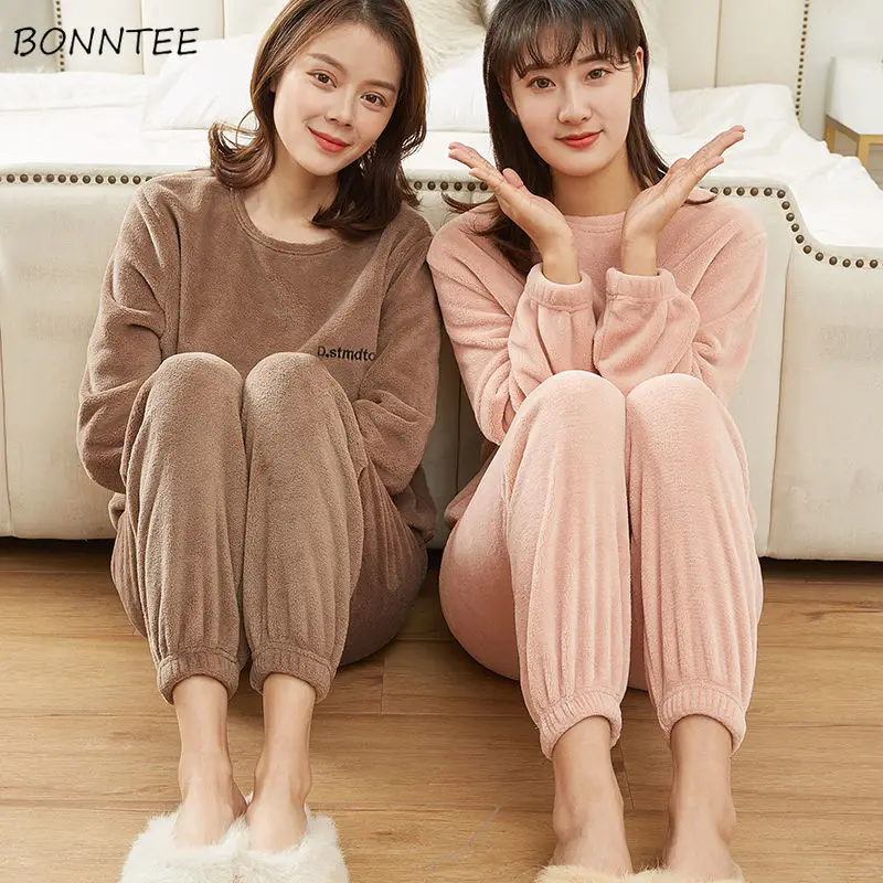 

Pajama Sets Women Lovely Simple Winter Chic Preppy Thicker Soft Girls Nightwear Loose Long Sleeve Popular Femme Pajamas Korean
