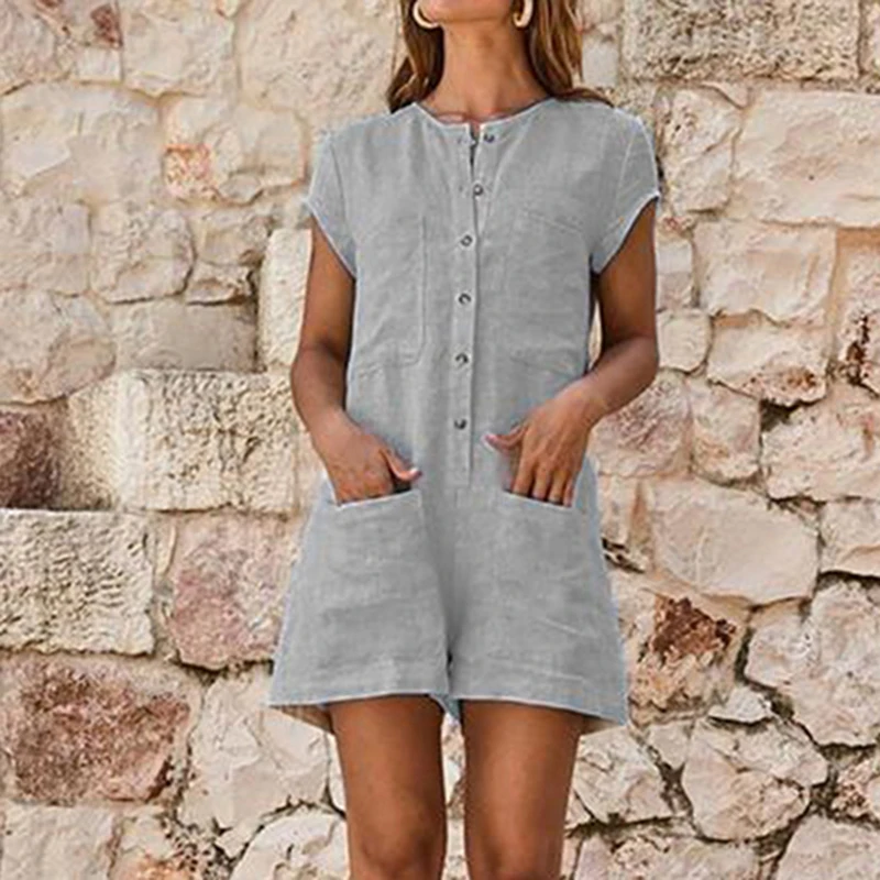 New Womens Casual Shorts Jumpsuit Cotton Linen Mini Playsuit Ladies Short Sleeve Romper For Summer Holiday |