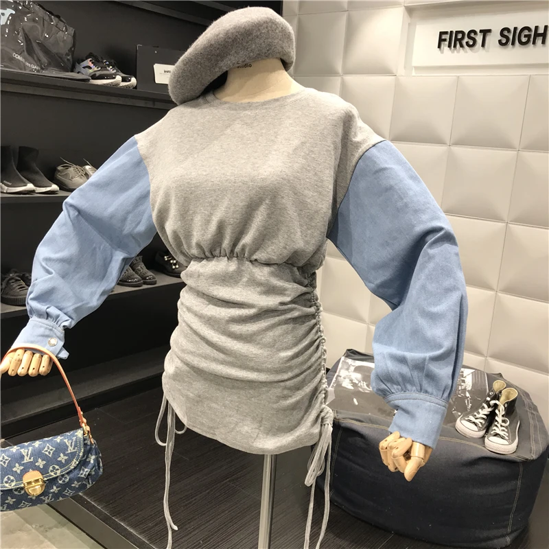 2019 осеннее индивидуальное джинсовое платье для похудения с рукавами фальш