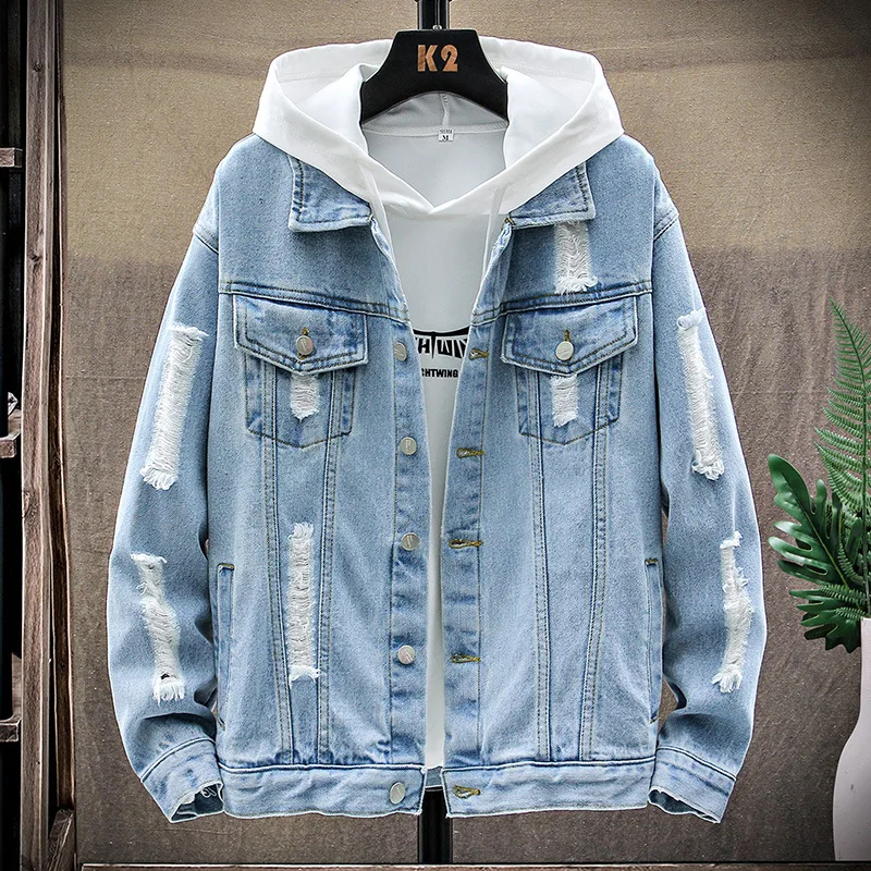 

Men's fashion solid color denim jacket Loose hole Business Casual cowboy coat Youth high-quality streetwear tops 2020 autumn new