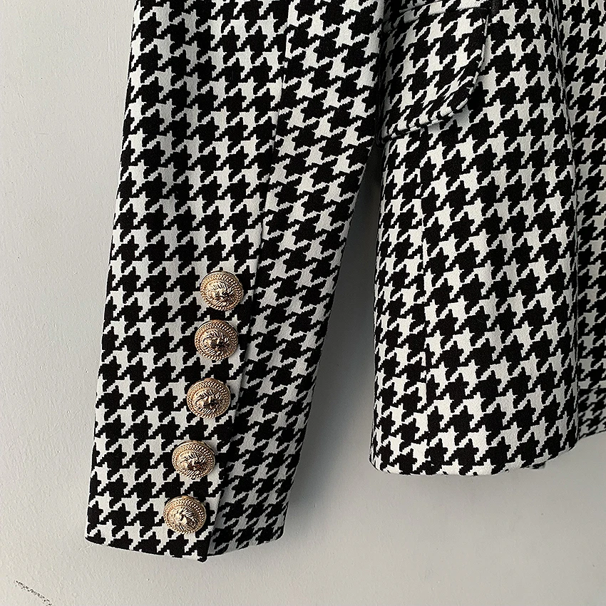 

HIGH QUALITY Newest Runway Blazer Women's Long Sleeve Metal Lion Buttons Houndstooth Print Blazer Jacket Plaid Designer