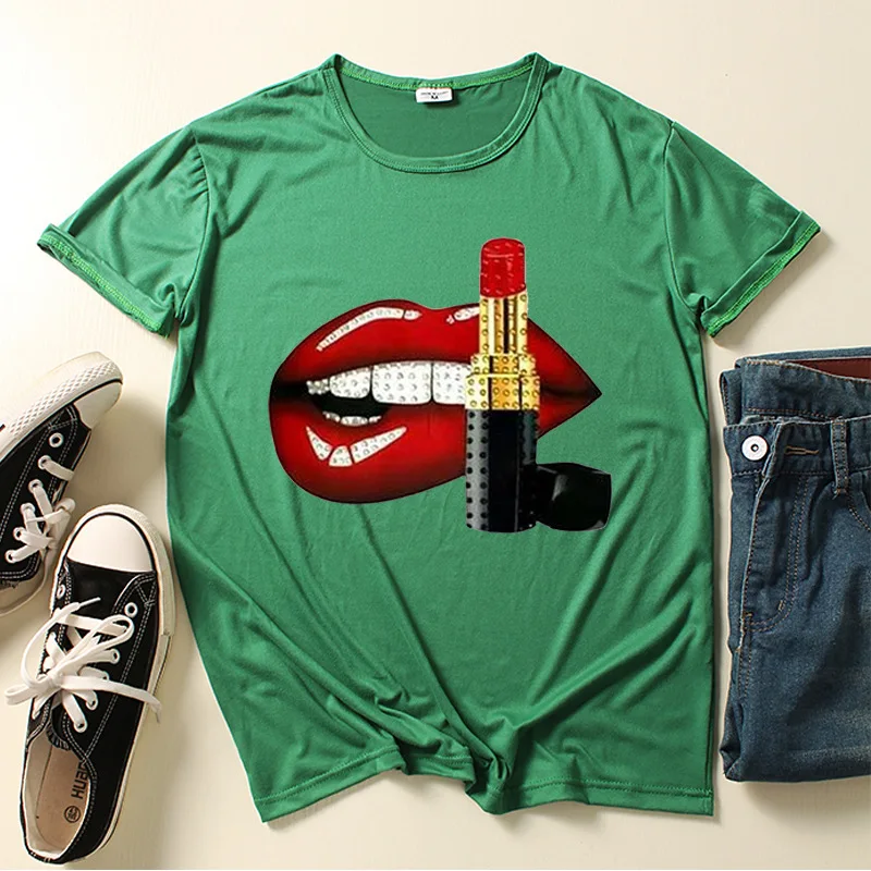 

Red Lips Lipstick Print Women T Shirt Short Sleeve O Neck Loose Women Tshirt Ladies Tee Shirt Tops Clothes Camisetas Mujer