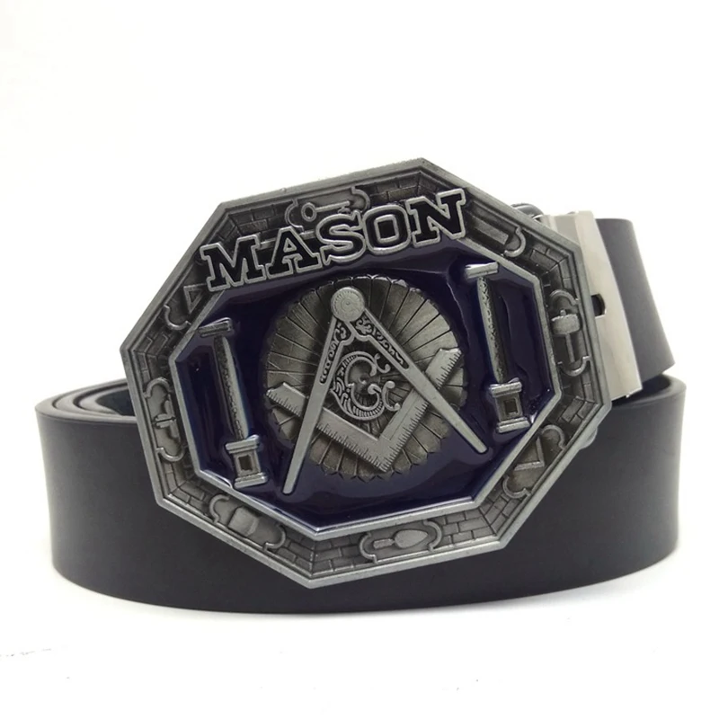 Antique Silver Freemason Buckle Casual Black PU Leather Waist Belt for Men Western Cowboy Accessories for Clothing Fashion Gifts