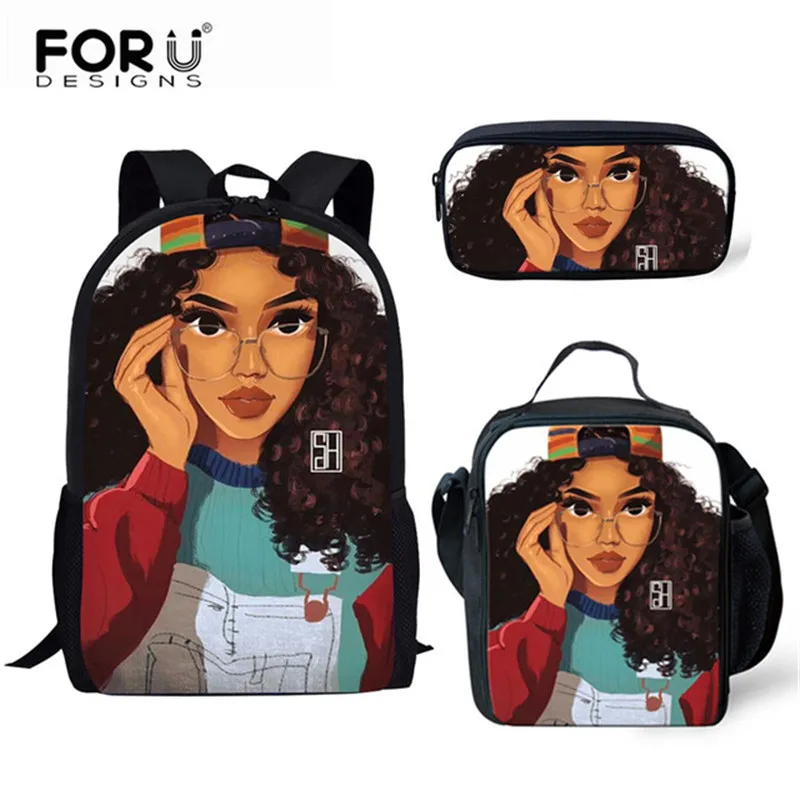 

Рюкзак школьный FORUDESIGNS для девочек-подростков, Детский комплект с сумкой для обеда, черным художественным принтом в стиле афро, школьный ран...
