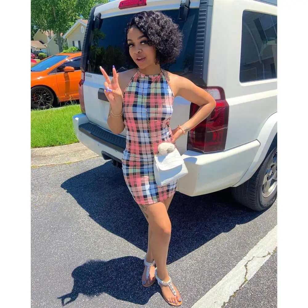 

Casual Sleeveless Summer Vestidos Halter Neck Open Back Women's Plaid Printed Dresses Slim Fit Short Dress Backless Mini Dress