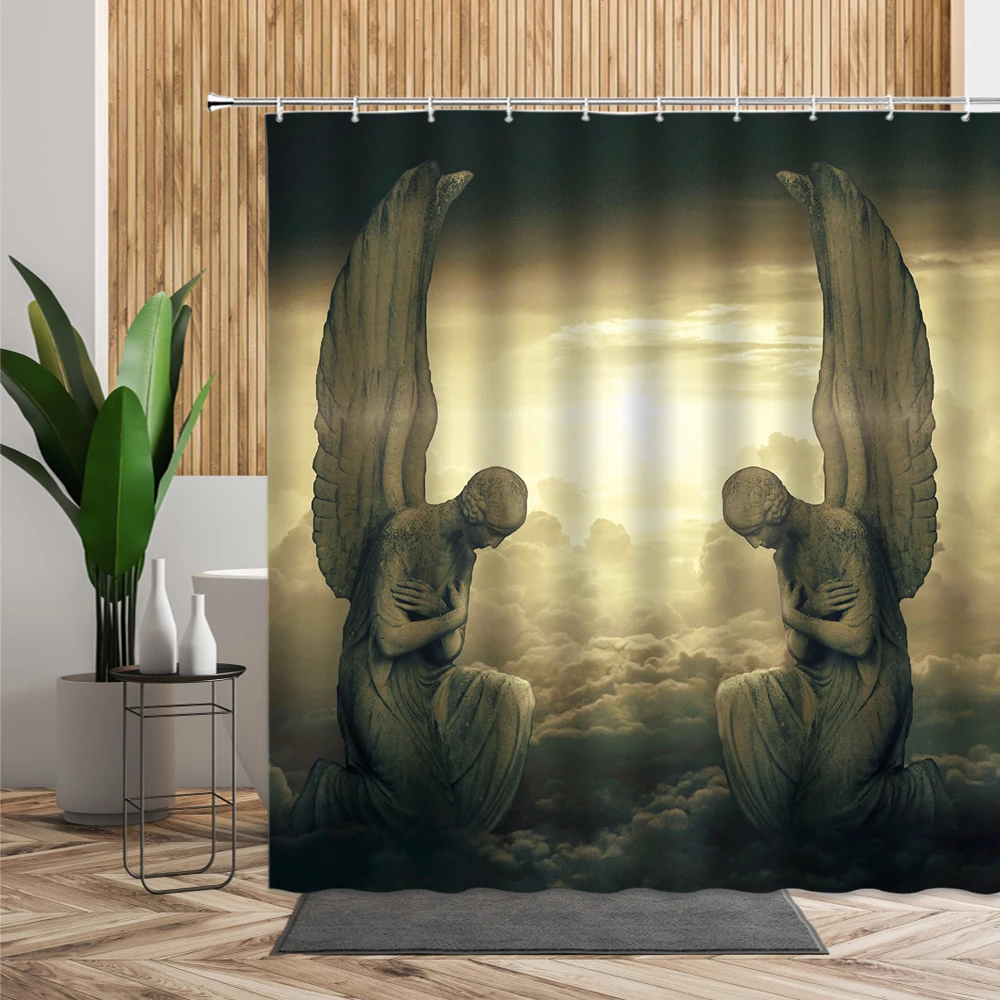 

Easter Design Shower Curtain Wing Stone Statue Creative Bathroom Decor Modern European Style Waterproof Fabric Bath Curtains Set