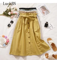spring autumn skirts womens 2020 midi knee length korean elegant button high waist skirt female pleated school skirt casual hot