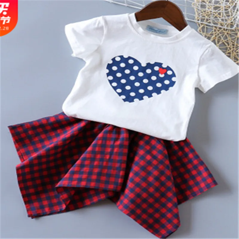 

Baby Girlâ€™s Outfits Two Piece Suit Sweet Polka Dot Heart Short-sleeved T-shirt and Sweet Plaid Irregular Short Skirt Summer