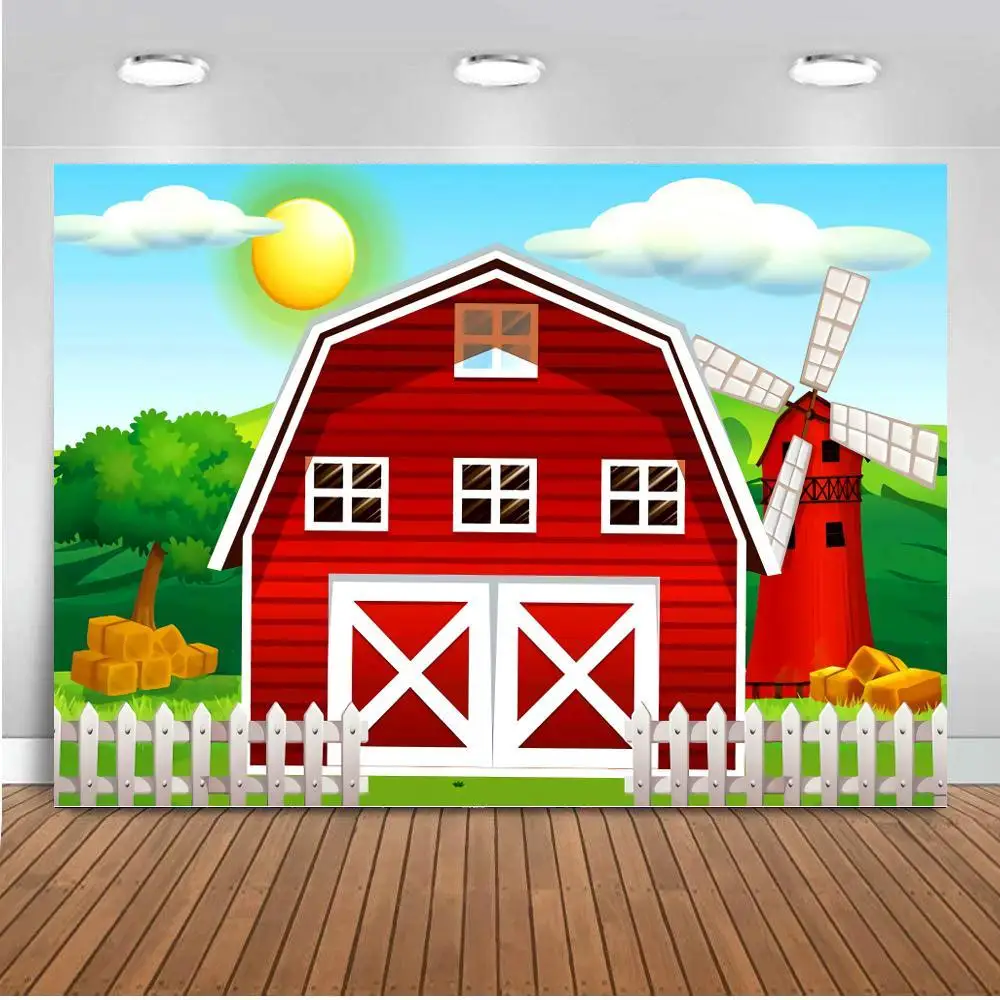 

Farm Theme Photography Backdrop Kids Birthday Party Red Barn Cartoon Animals Windmill Background Photography