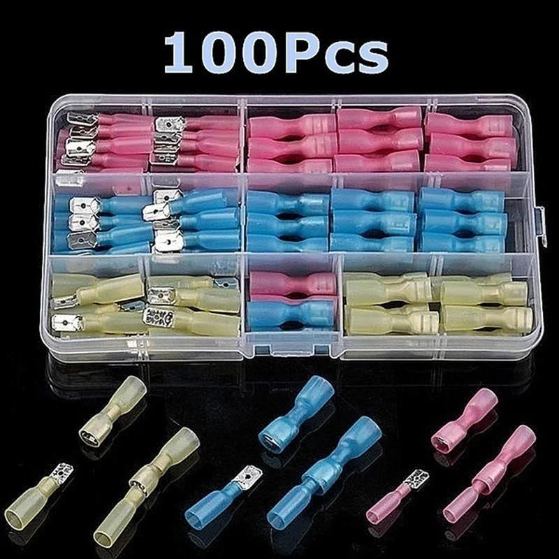 

100Pcs Waterproof Seal Heat Shrink Splice Crimp Terminals Insulated Female/Male Spade Electrical Wire Connectors Assortment AWG