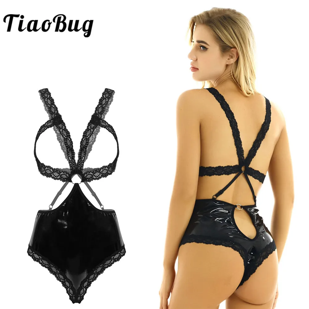 TiaoBug женское цельное белье из лакированной кожи с цветочным кружевом открытые