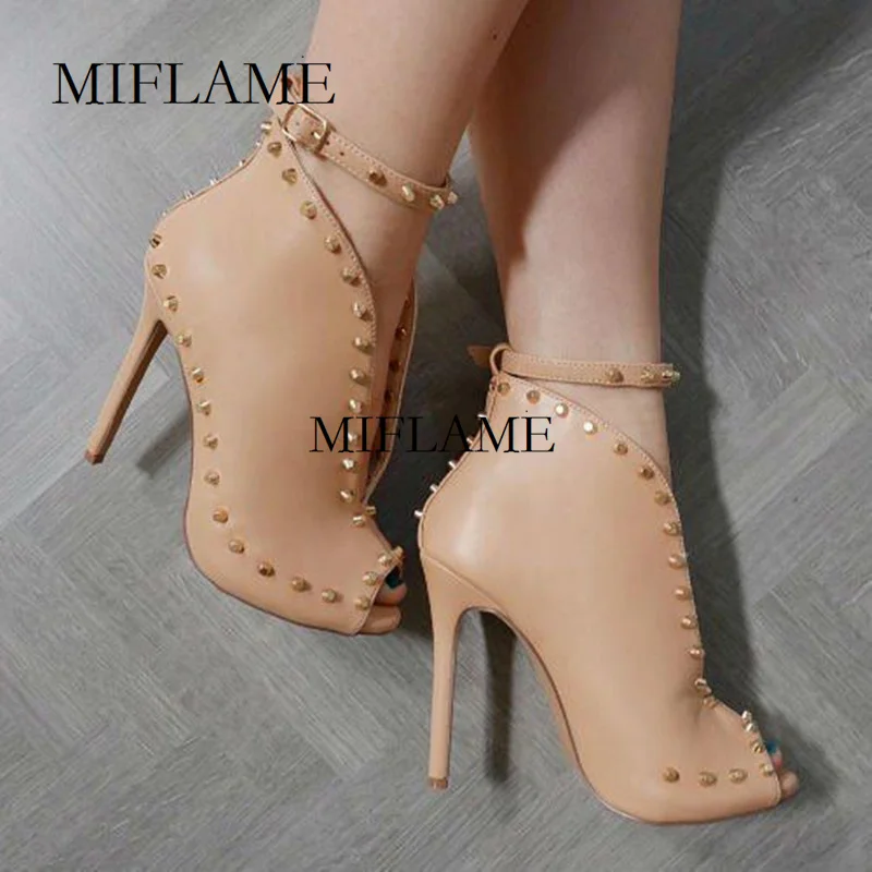 

2021 Women's Stiletto Shoes Sexy To Reveal The Instep Buckle Strap Ankle Boots Spring Peep Toe Rivets Party Ankle Strap Boots