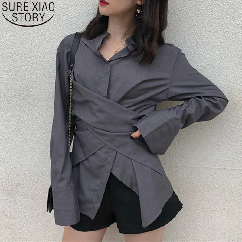 

Hong Kong Style Chic Fashion Cross-design Solid Shirt Office Lady Spring Autumn Long Sleeve Shirt Tops Blusas Clothes 15572
