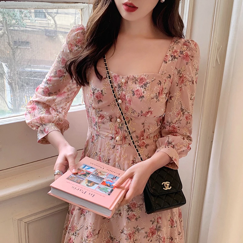 

Vintage Chiffon Woman Dress Elegant Floral French Square Collar Embroideried Midi Maxi Dresses for Women Summer 2021 New Vestido