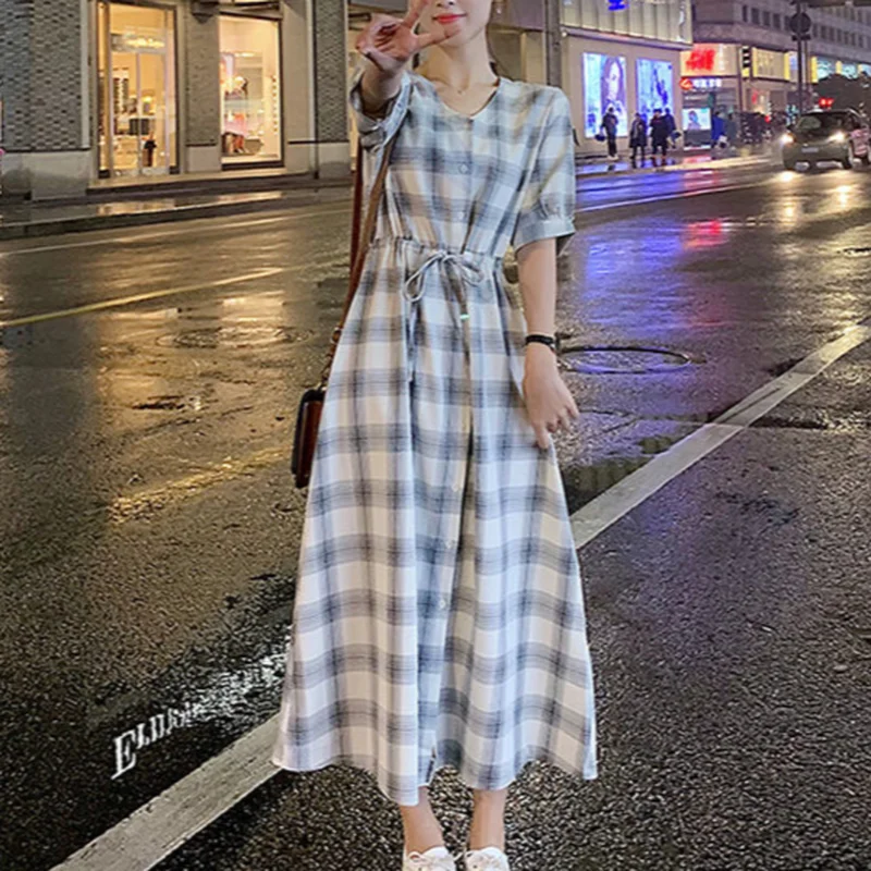 

Dresses Women Summer High Street Plaid Students Fashion Korean Style Ankle-length Button Female Hipster Slim Ulzzang Vintage Ins