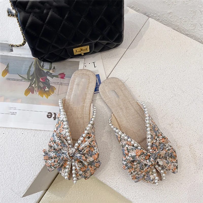

2021 summer new Korean bow Round head slippers women's summer fashion Beaded flat Baotou outer wear trailer
