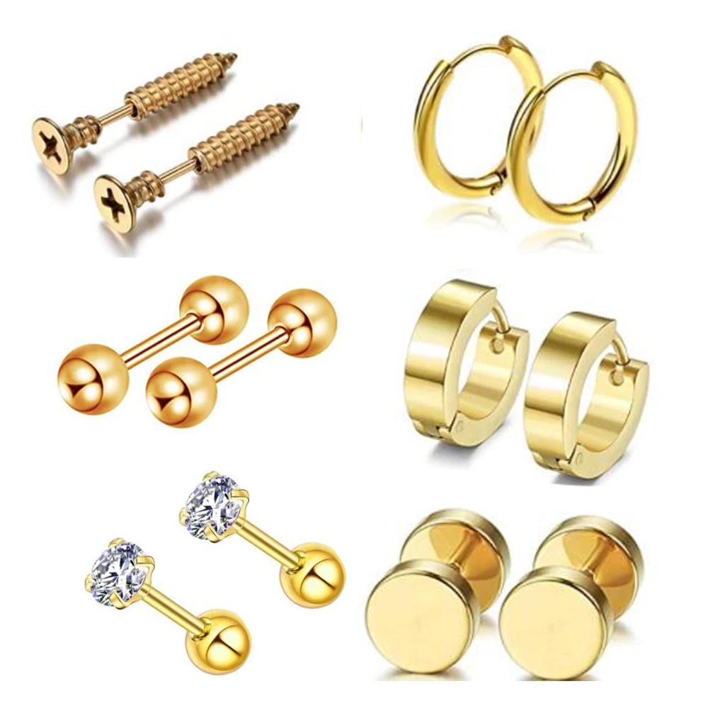 style 4-gold 1-6 пар серьги из нержавеющей стали для мужчин Поддельные Вилки туннели шпилька для уха спираль бар для женщин мужчин серьги-кольца - Окраска металла: style 4-gold