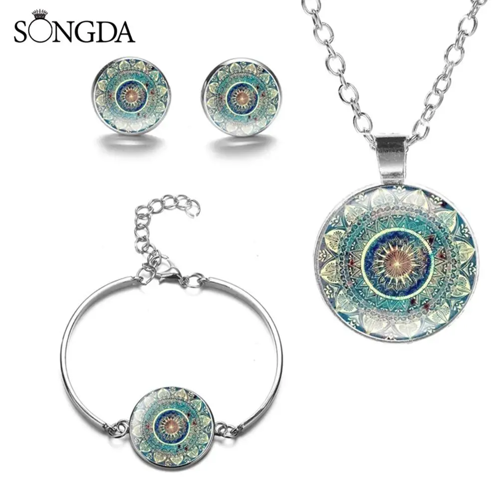 

Retro Indian Buddhism Mandala Flower Jewelry Sets Art Photo Glass Dome Necklace Bracelet Earrings For Religious Believer Gifts