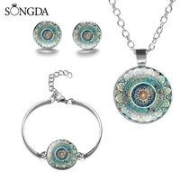 retro indian buddhism mandala flower jewelry sets art photo glass dome necklace bracelet earrings for religious believer gifts