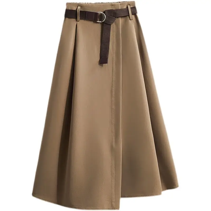 

2021 Women Spring Vintage Loose Skirt Lady Slim Irregular Sashes High Waist Pleated Skirt Female Casual Solid A-line Faldas K238