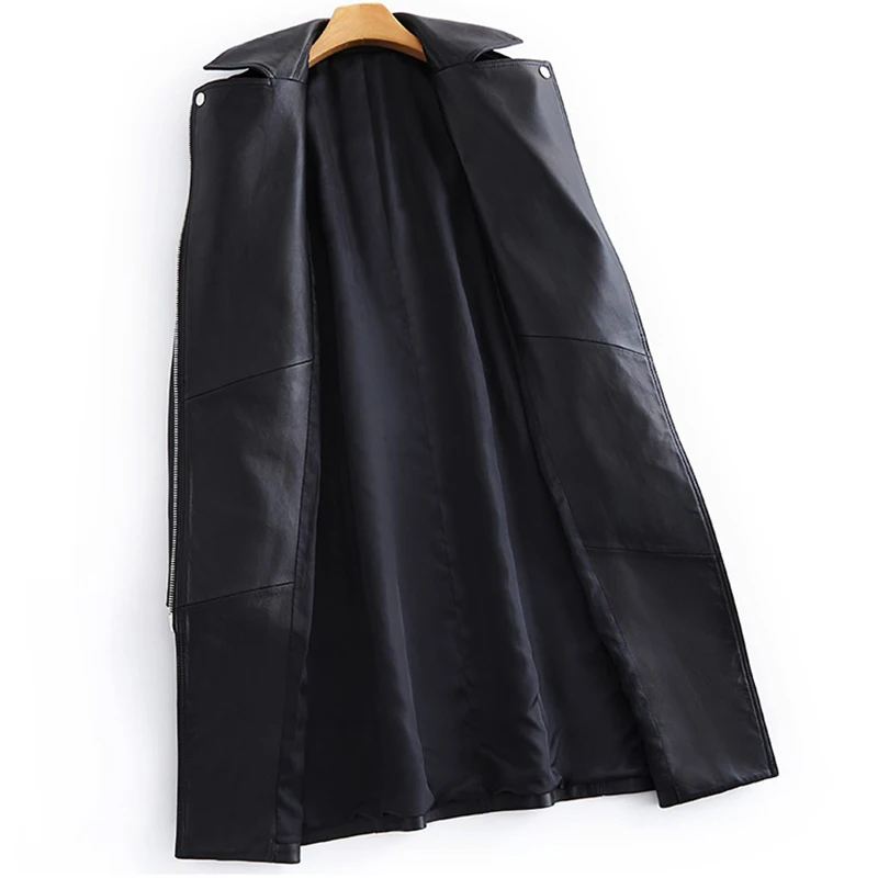 Lautaro Черная длинная куртка из искусственной кожи женщин с множеством карманов на