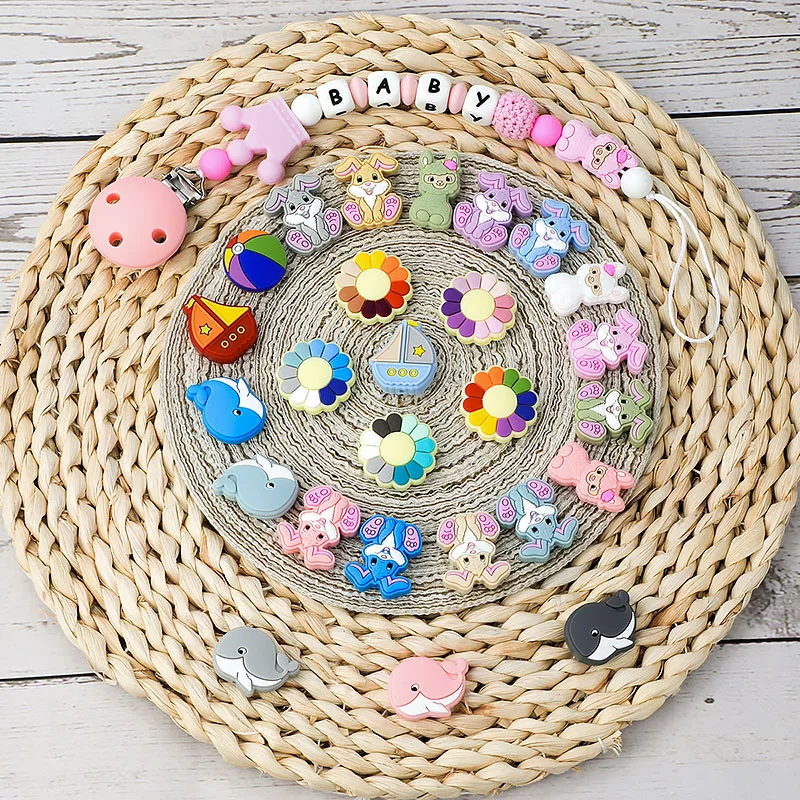 Cuentas de silicona de dibujos animados para beb&eacute;, cadena de chupete sin BPA, accesorios para mordedor, conejo, gato, arco&iacute;ris, 10 piezas-5