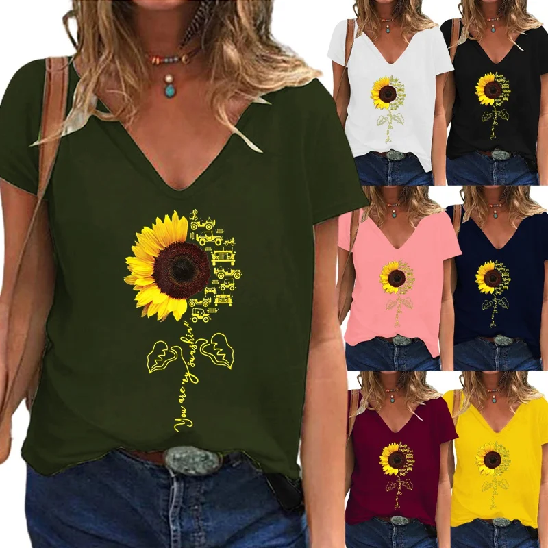 

Женская футболка с коротким рукавом, V-образным вырезом и принтом подсолнуха