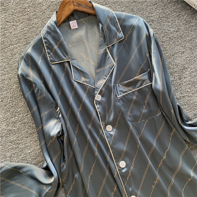 Новая мужская пижама кардиган повседневная удобная имитация шелка брюки с