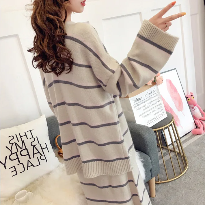 Женский вязаный свитер в полоску кардиган + платье-комбинация комплект из 2
