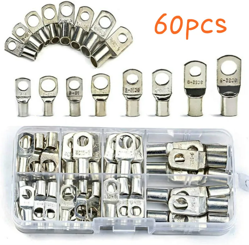 

60Pcs SC Bare Terminals lug Tinned Copper Tube Lug Ring Seal Battery Wire Connectors Bare Cable Crimped/Soldered Terminal Kit