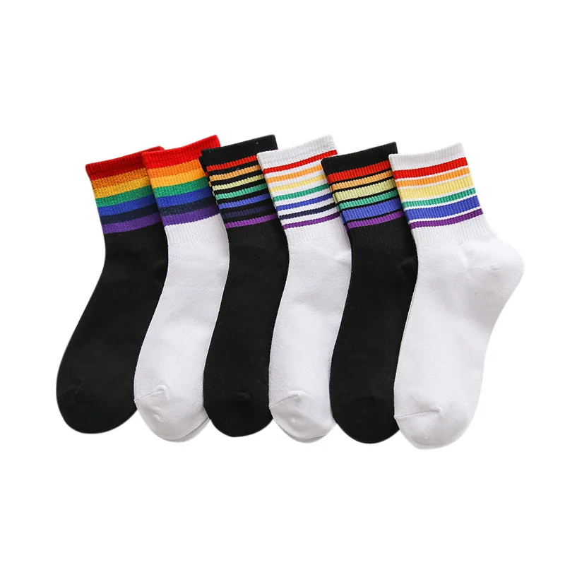 

Unisex Stripes Mid Men Socks Harajuku Colorful Funny Kawaii Socks Men 100 Cotton 1 Pair Kawaii Rainbow Color Size Calzini Donna