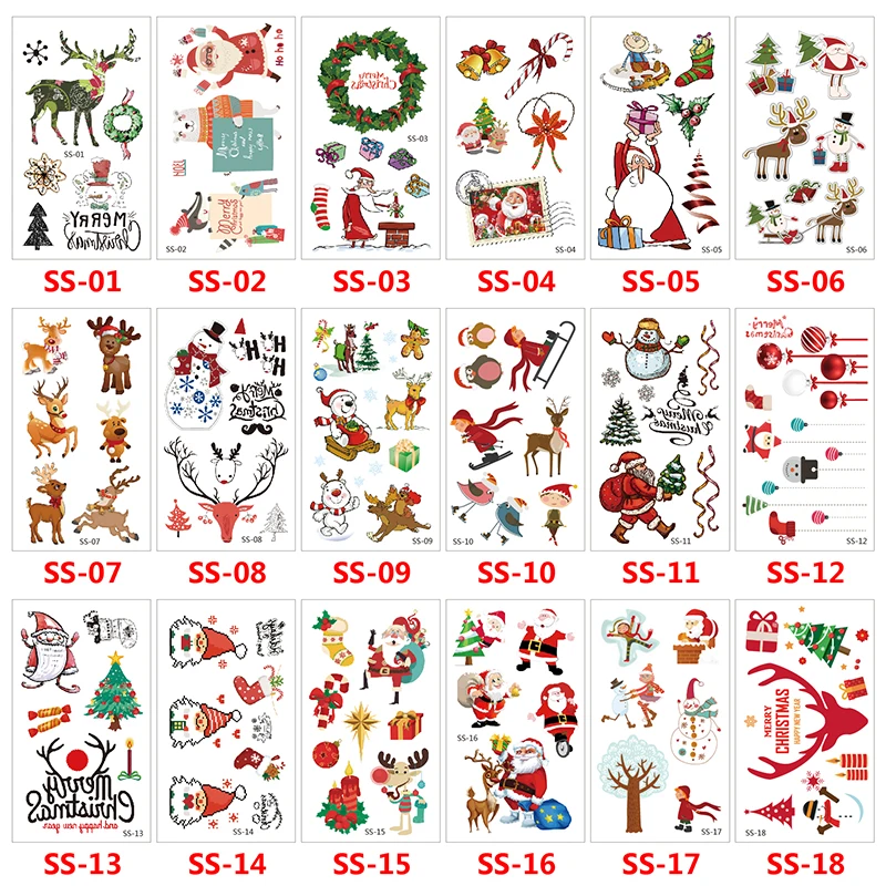 30pcs/lot Christmas Decorations Tattoo Stickers Children Party Gift Temporary Tattoo Santa Tattoo set Kids White Snow Fake Tatoo