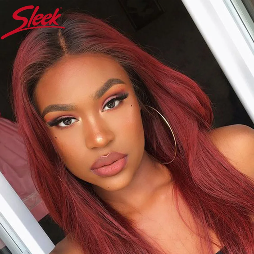 Sleek Red Human Hair Wigs For Women Straight Lace Woman Wig Short Burgundy Colored Bob Brazilian Hair Wigs T Part Lace Wigs