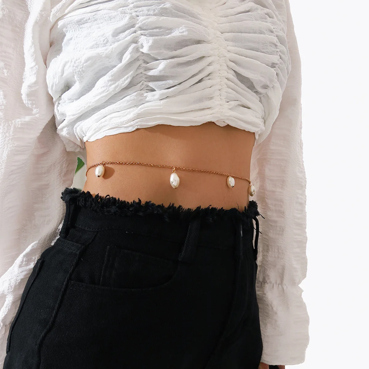 

Aprilwell One Piece Trendy Pearl Waist Chains for Women Gold Color Sexy Body Charms Belly Chain Y2k Fashion Jewelry Accessories