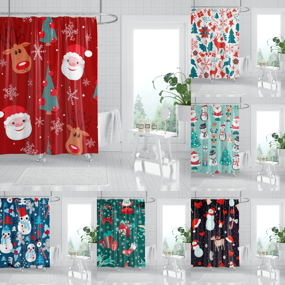 

Christmas Snow Man Shower Curtain Bathroom Elk Fabric Waterproof Bath Curtains Polyester Bathtub Drapes Decor Home With Hooks