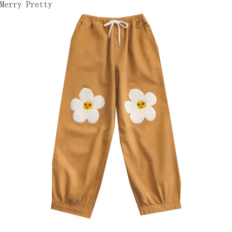 

Женские шаровары с мультяшной вышивкой и широкими штанинами с карманами, хлопковые мешковатые брюки 2021, летние брюки с эластичным поясом, н...