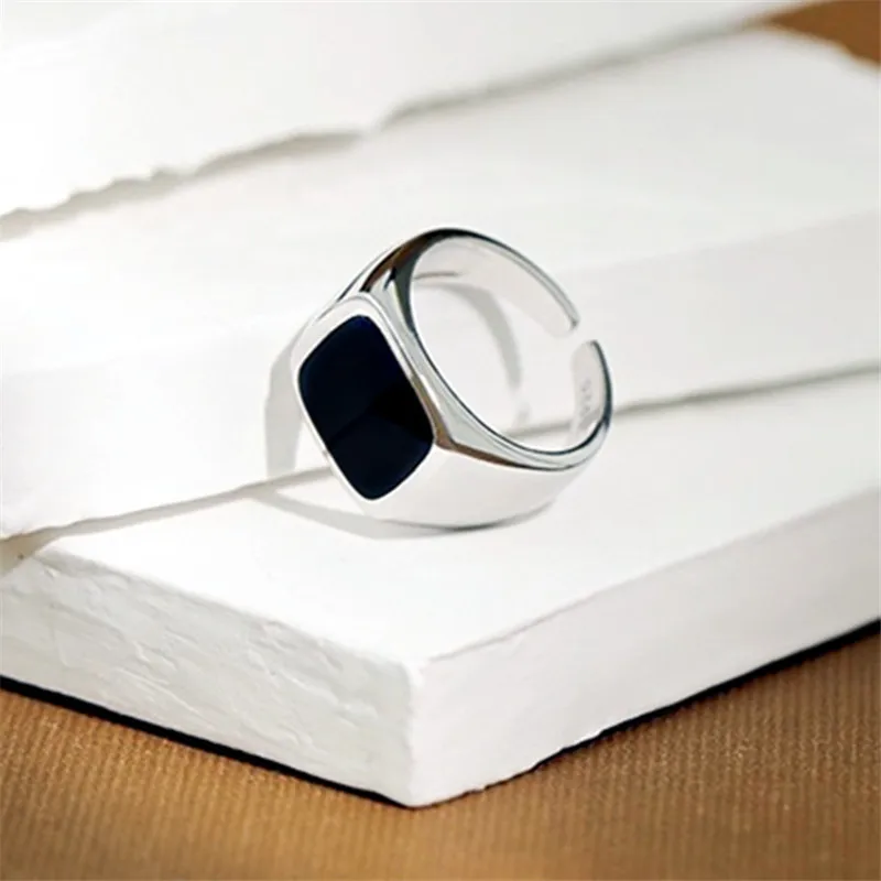 

XIYANIKE 925 Sterling Silver Black Epoxy Zircon Square Ring Neutral Simple Fashion Trend Open Personality Handmade Jewelry Gift