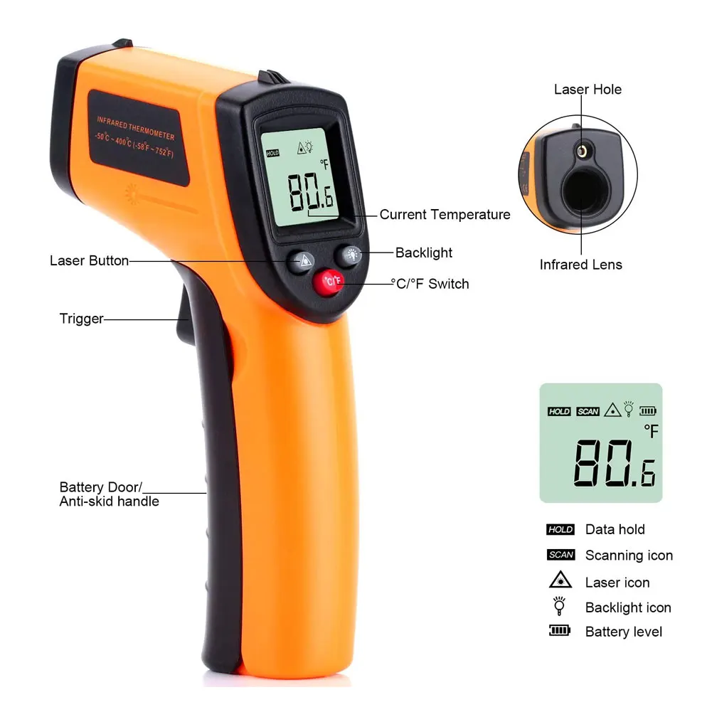 

Infrared Thermometer Temperature Gun Non-Contact Digital Pyrometer Laser Thermometer-58 to 752 (-50 to 400) with Battery
